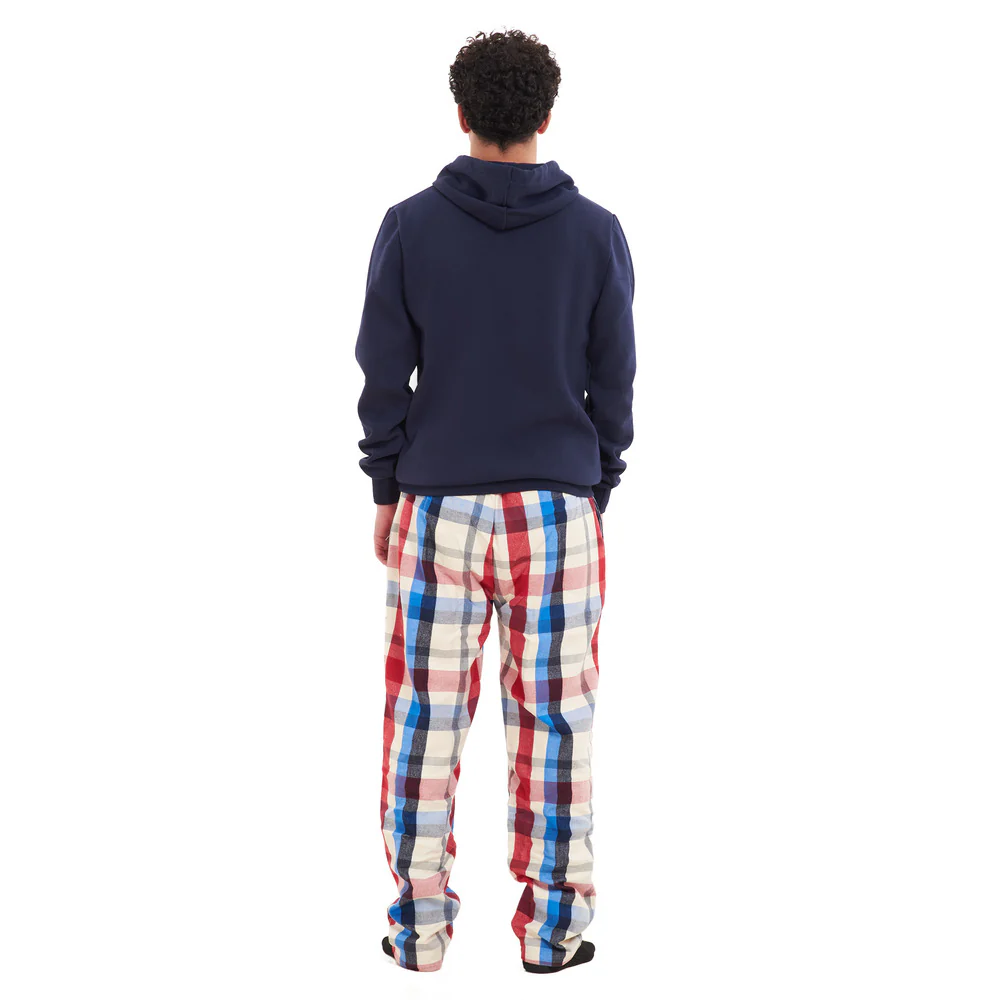 Men Winter Pajama Set Dark Blue Hoodie + Red x White Checkered Pants - Image 3