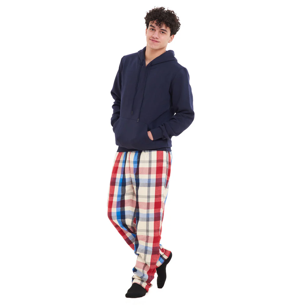 Men Winter Pajama Set Dark Blue Hoodie + Red x White Checkered Pants - Image 4