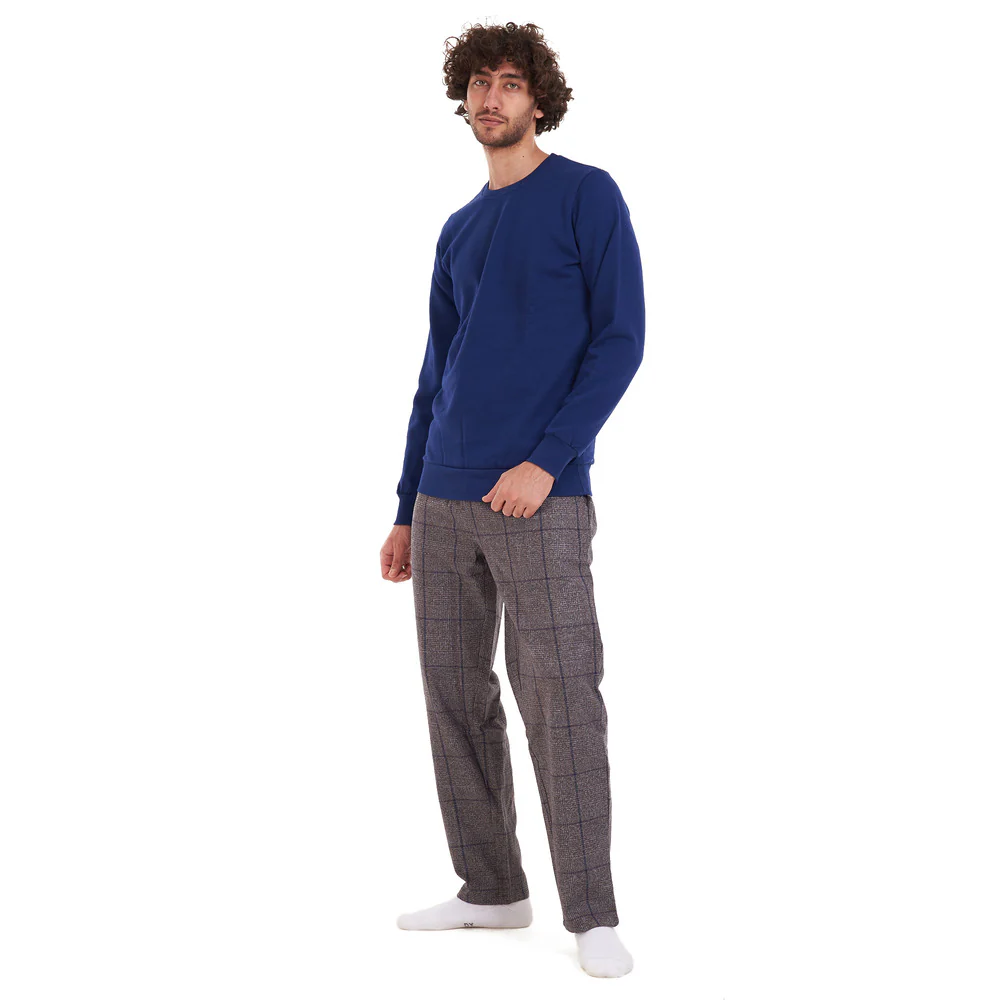 Men Winter Pajama Set Dark Blue Shirt + Black x Grey Checkered Pants - Image 2