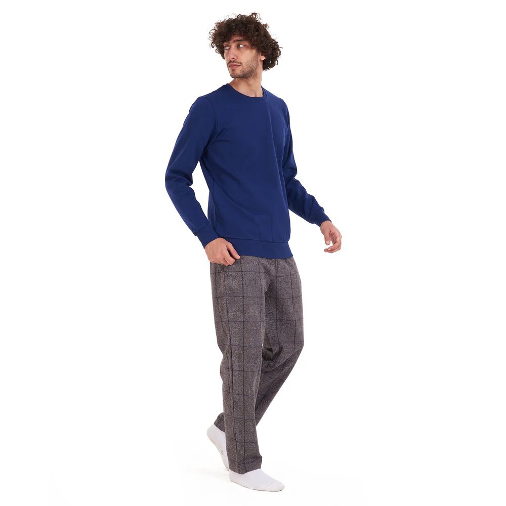 Men Winter Pajama Set Dark Blue Shirt + Black x Grey Checkered Pants - Image 3