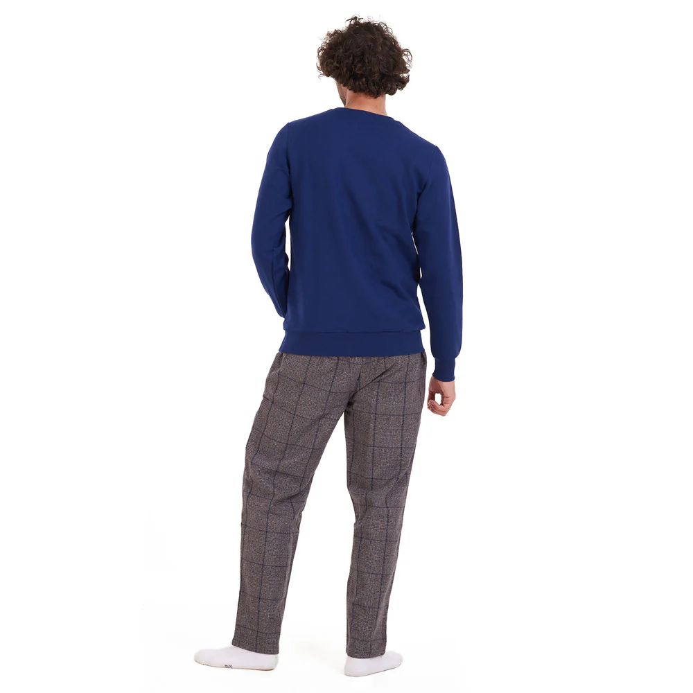 Men Winter Pajama Set Dark Blue Shirt + Black x Grey Checkered Pants - Image 4