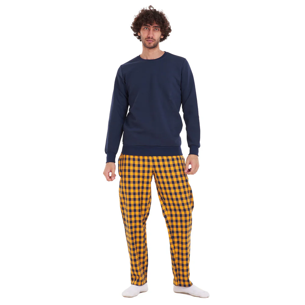 Men Winter Pajama Set Dark Blue Shirt + Dark blue x yellow Checkered Pants - Image 2