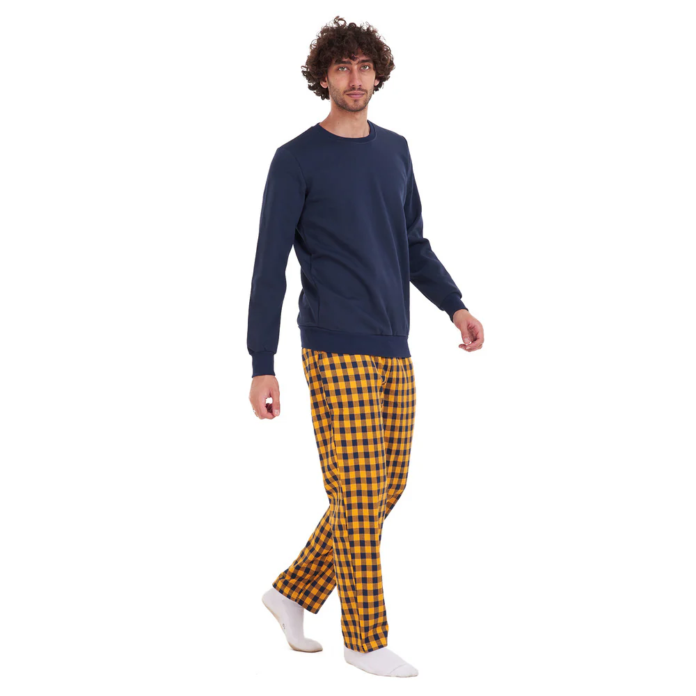 Men Winter Pajama Set Dark Blue Shirt + Dark blue x yellow Checkered Pants - Image 3