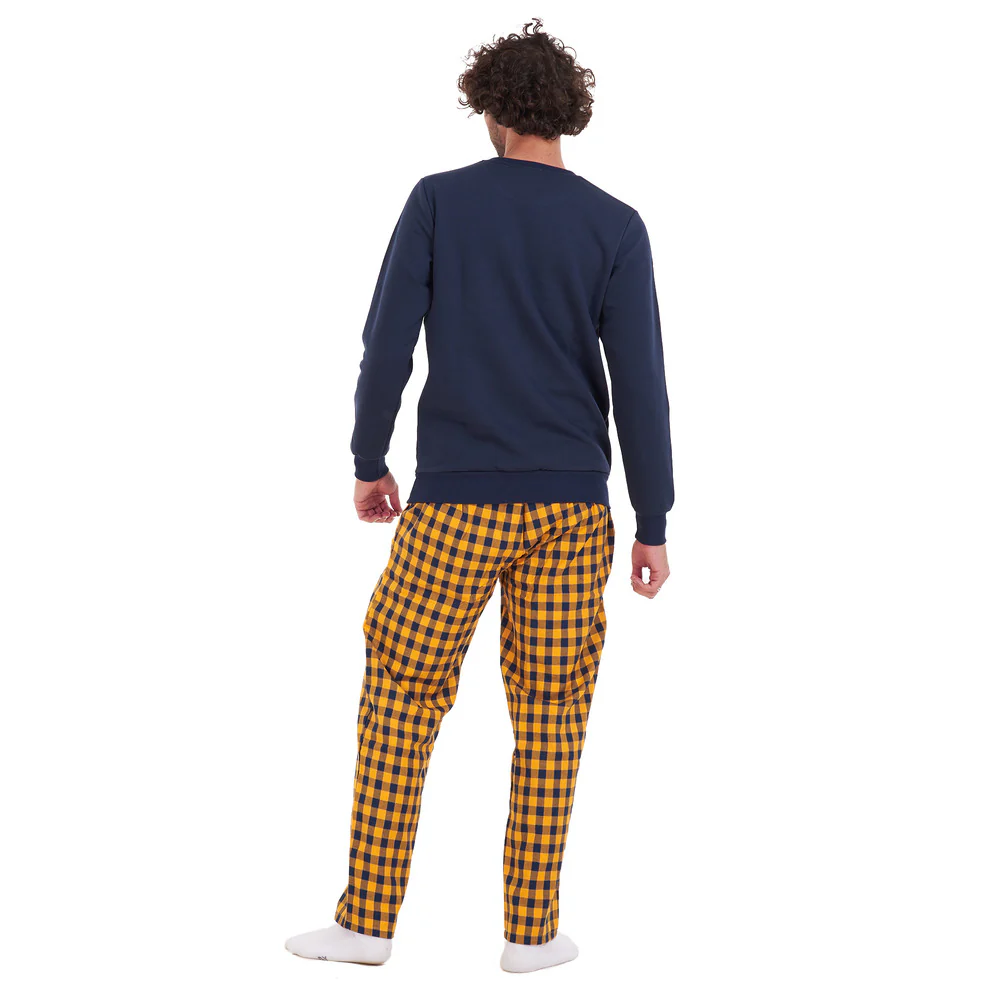 Men Winter Pajama Set Dark Blue Shirt + Dark blue x yellow Checkered Pants - Image 4
