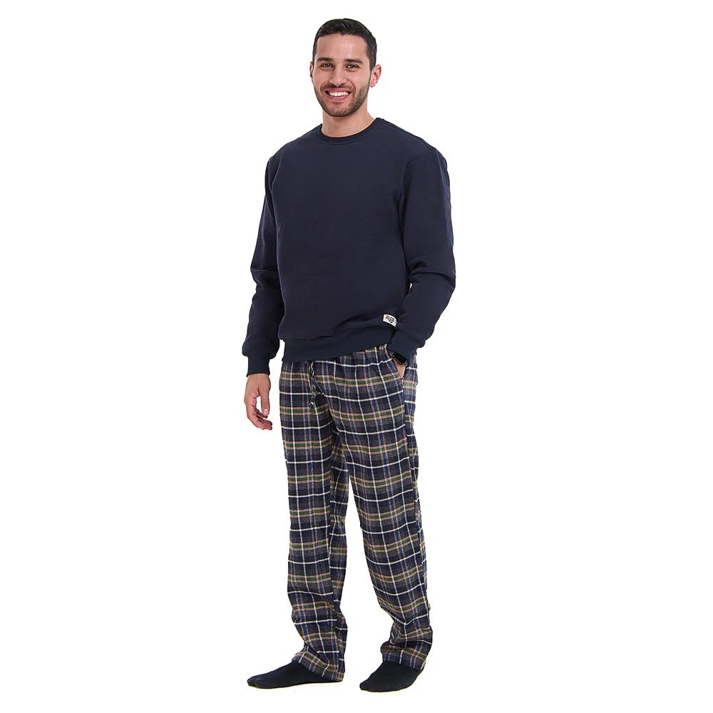 Men Winter Pajama Set Dark blue sweatshirt + Dark Blue x Olive Checkered Pants - Image 2