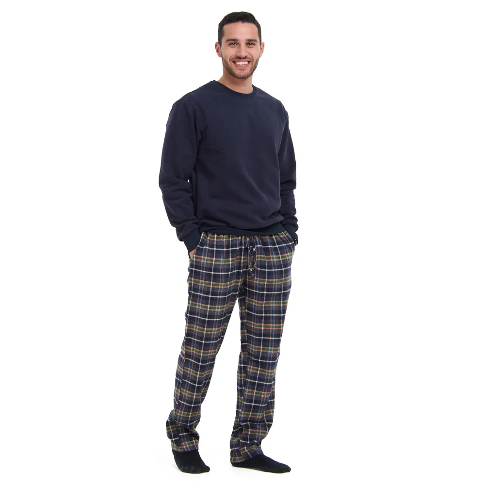 Men Winter Pajama Set Dark blue sweatshirt + Dark Blue x Olive Checkered Pants - Image 3