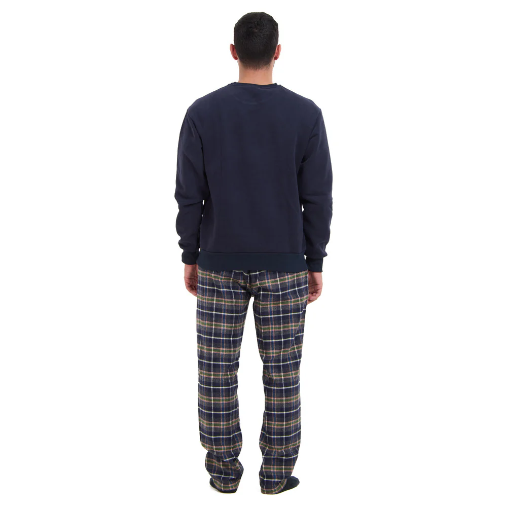 Men Winter Pajama Set Dark blue sweatshirt + Dark Blue x Olive Checkered Pants - Image 4