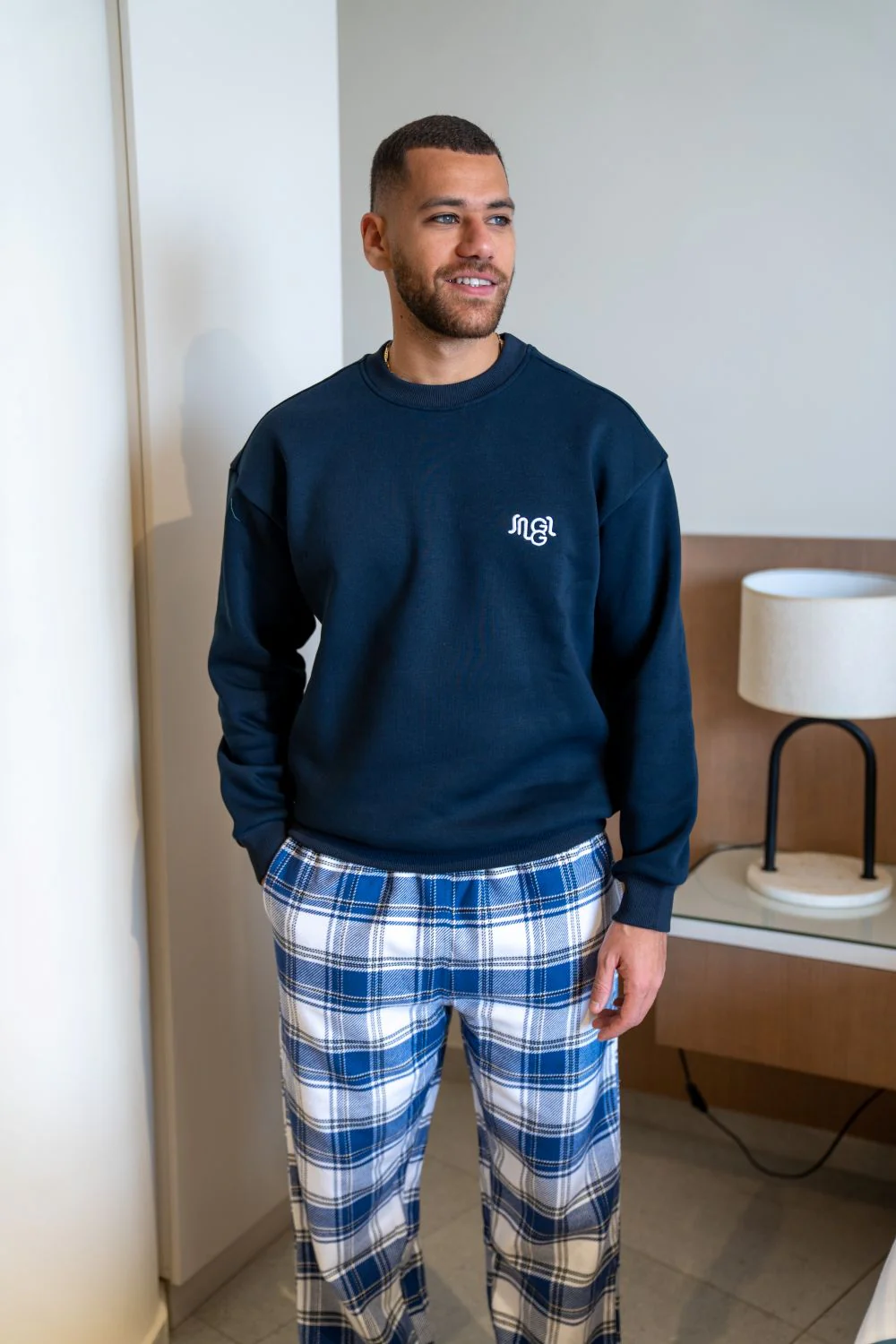 Men Winter Pajama Set Dark Blue sweatshirt + Dark Blue X White X Black Checkered Pants - Image 2