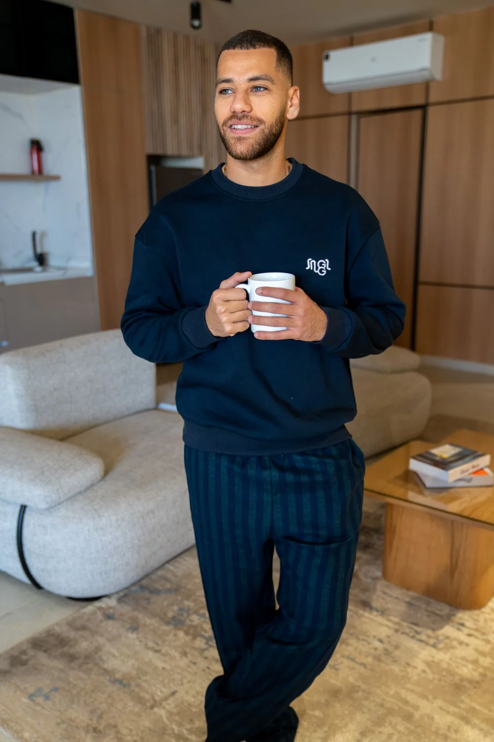 Men Winter Pajama Set Dark Blue sweatshirt + Dark Green X Dark Blue Striped Pants
