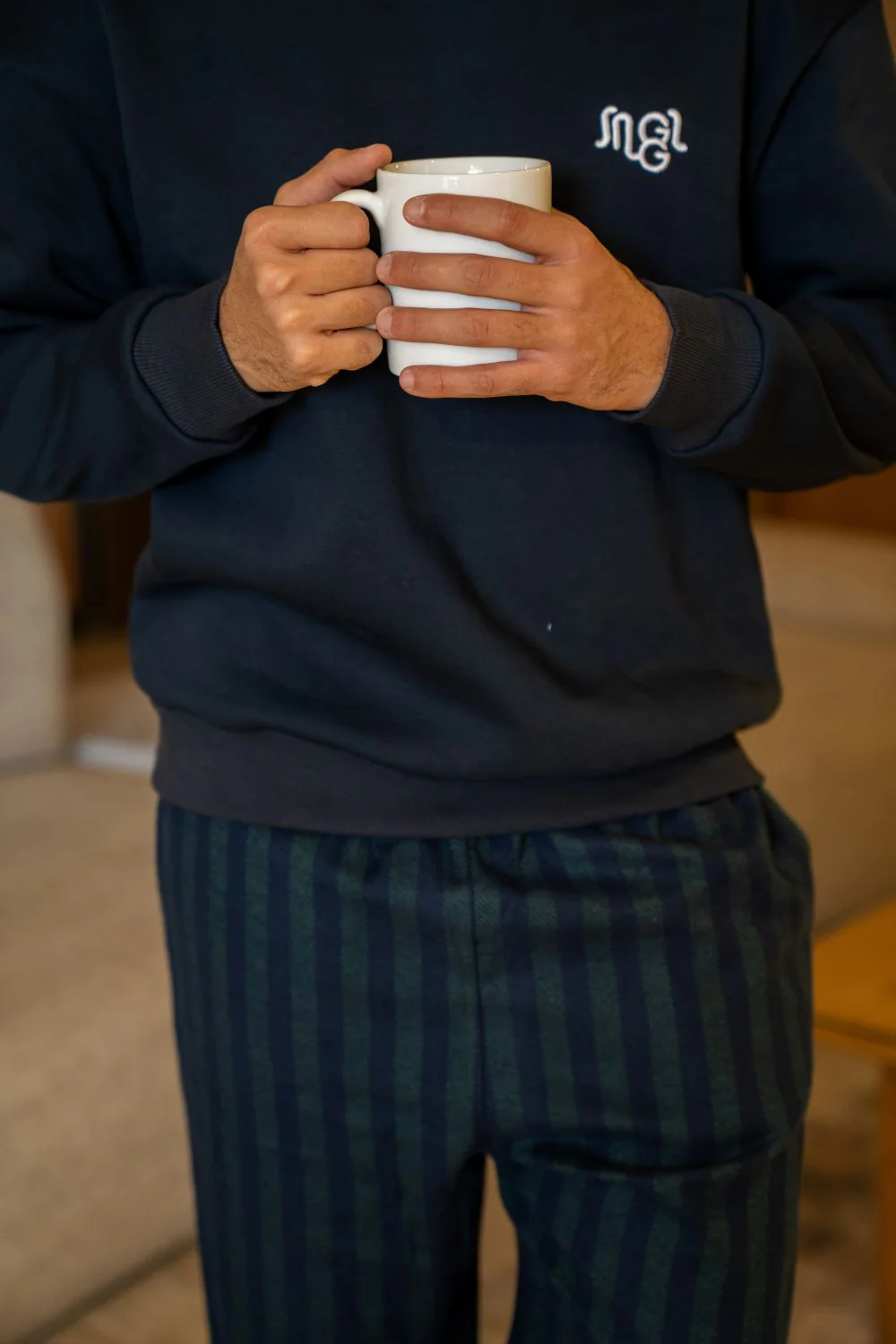 Men Winter Pajama Set Dark Blue sweatshirt + Dark Green X Dark Blue Striped Pants - Image 2