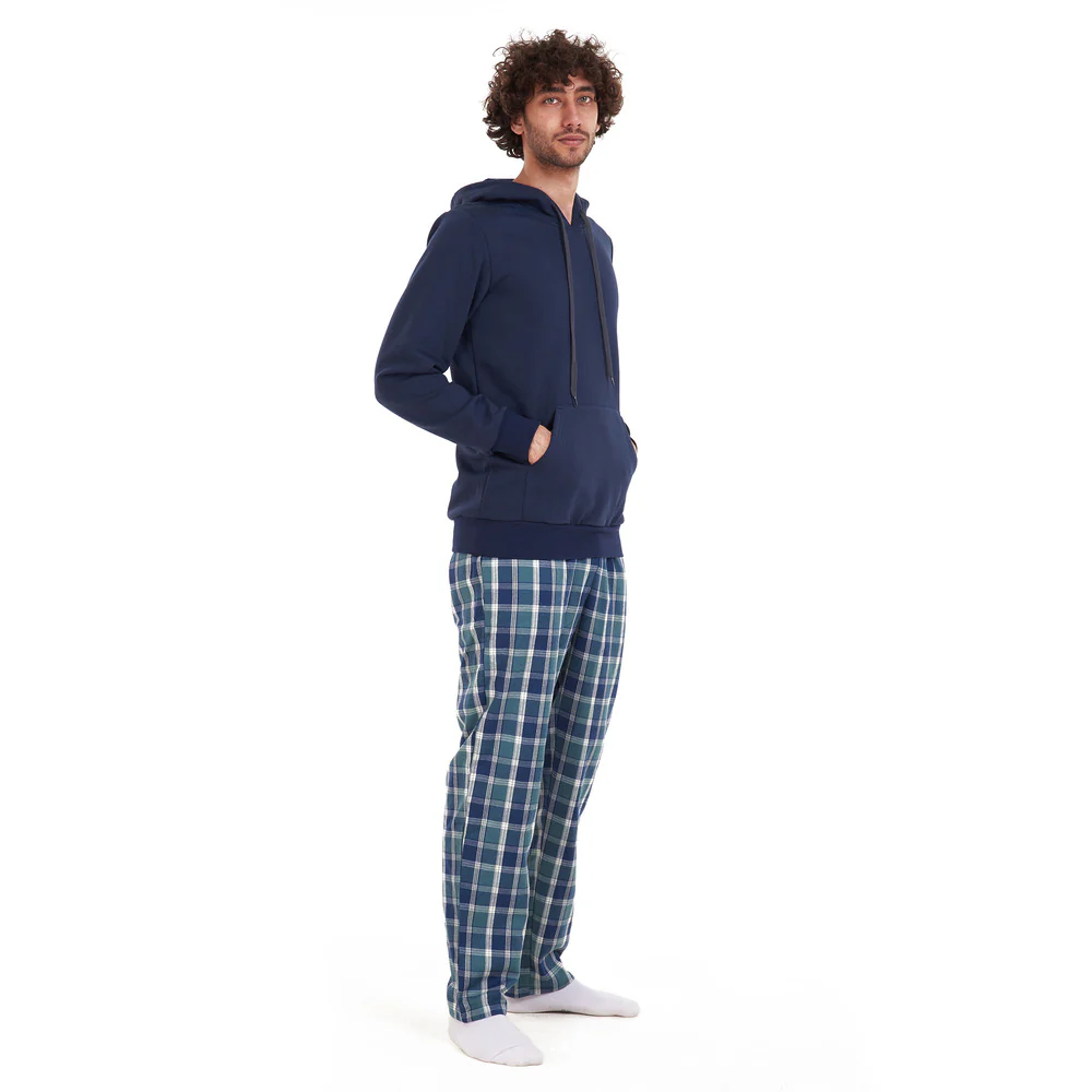 Men Winter Pajama Set Dark blue sweatshirt +Petroleum checkered Pants - Image 2