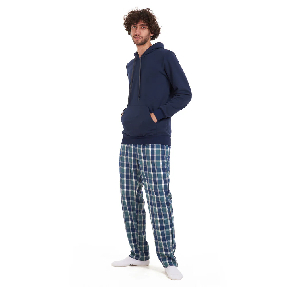 Men Winter Pajama Set Dark blue sweatshirt +Petroleum checkered Pants - Image 3