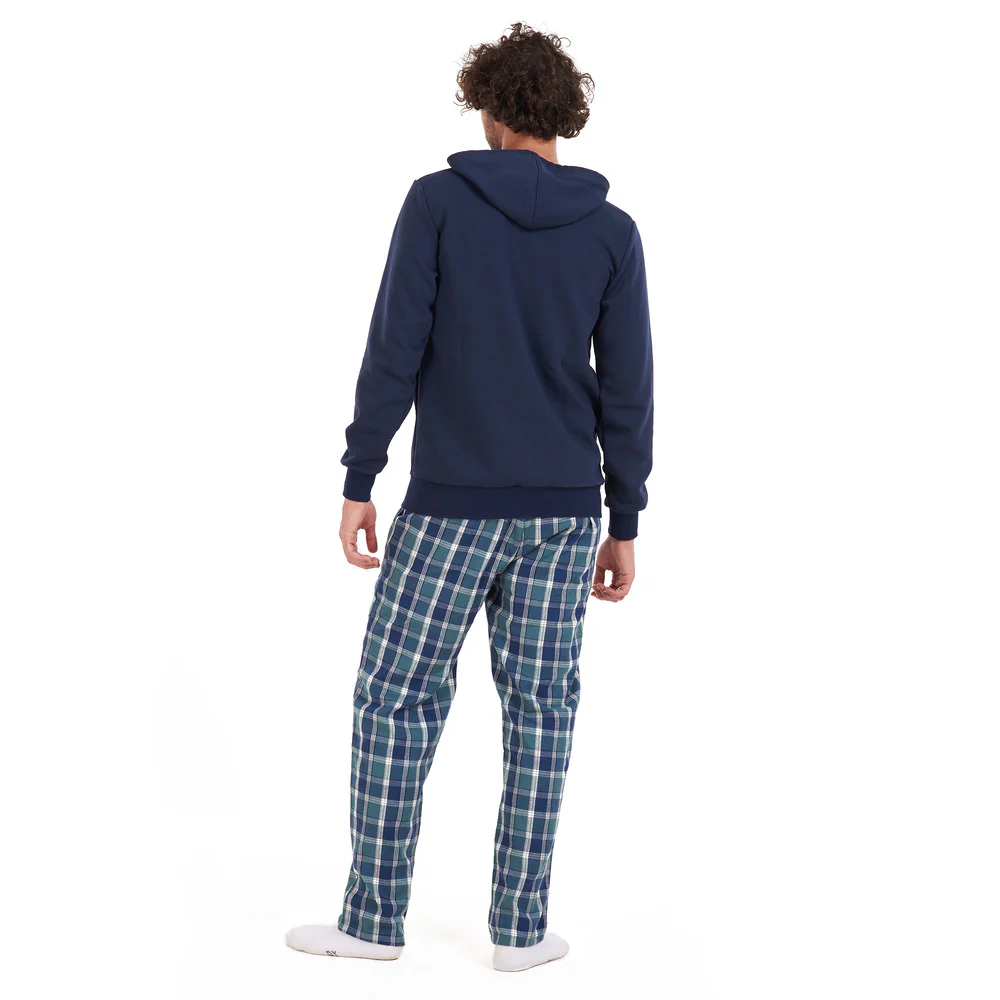 Men Winter Pajama Set Dark blue sweatshirt +Petroleum checkered Pants - Image 4