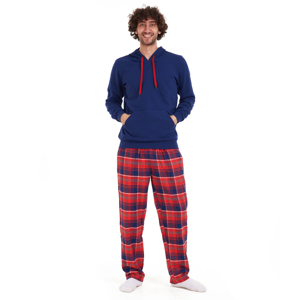 Men Winter Pajama Set Dark blue sweatshirt +Red checkered Pants