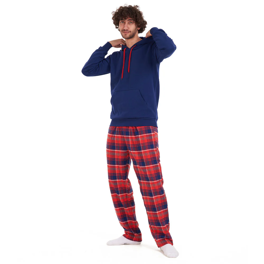 Men Winter Pajama Set Dark blue sweatshirt +Red checkered Pants - Image 2
