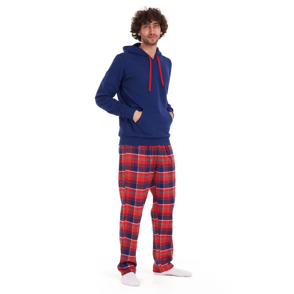 Men Winter Pajama Set Dark blue sweatshirt +Red checkered Pants - Image 3