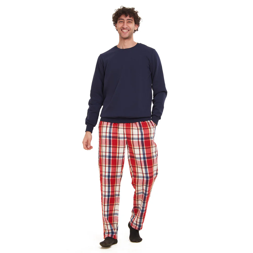 Men Winter Pajama Set Dark Blue Sweatshirt + Red x Dark Blue Checkered Pants - Image 2