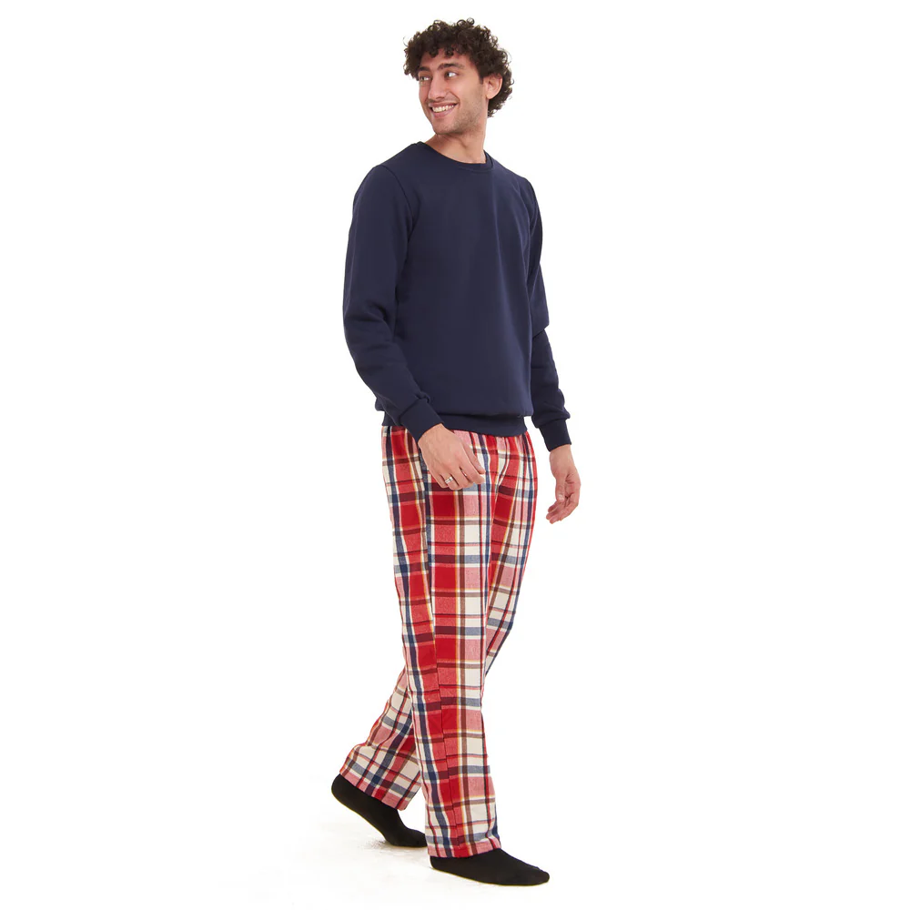 Men Winter Pajama Set Dark Blue Sweatshirt + Red x Dark Blue Checkered Pants - Image 3
