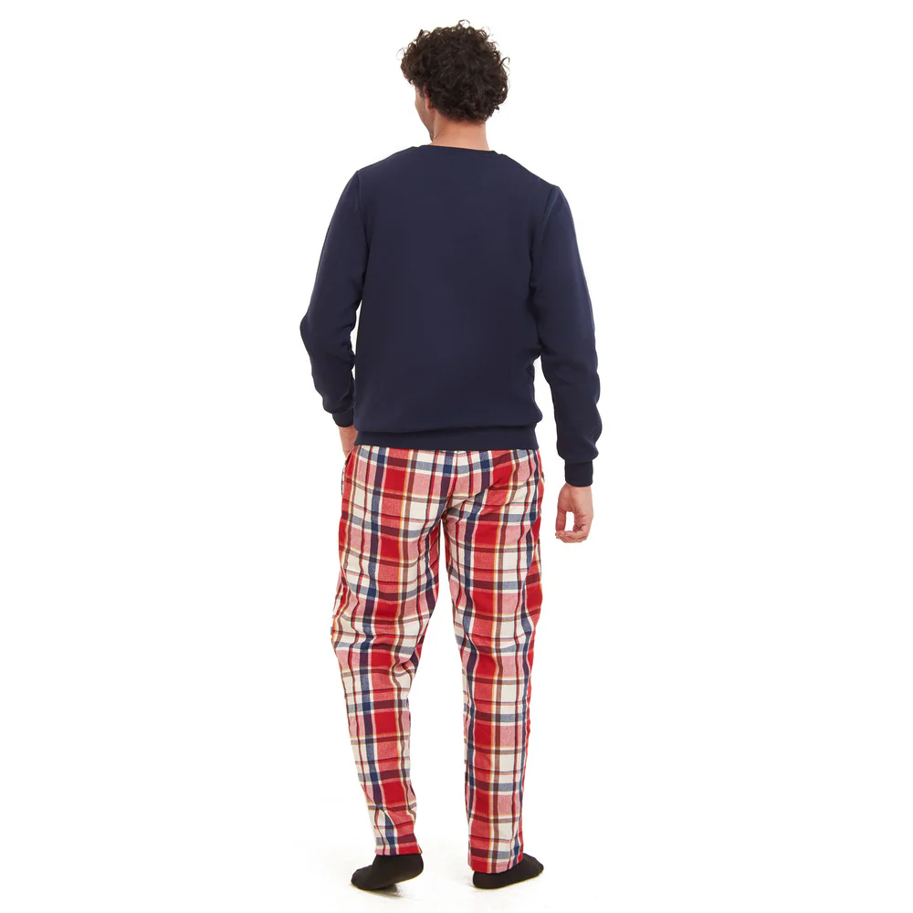 Men Winter Pajama Set Dark Blue Sweatshirt + Red x Dark Blue Checkered Pants - Image 4
