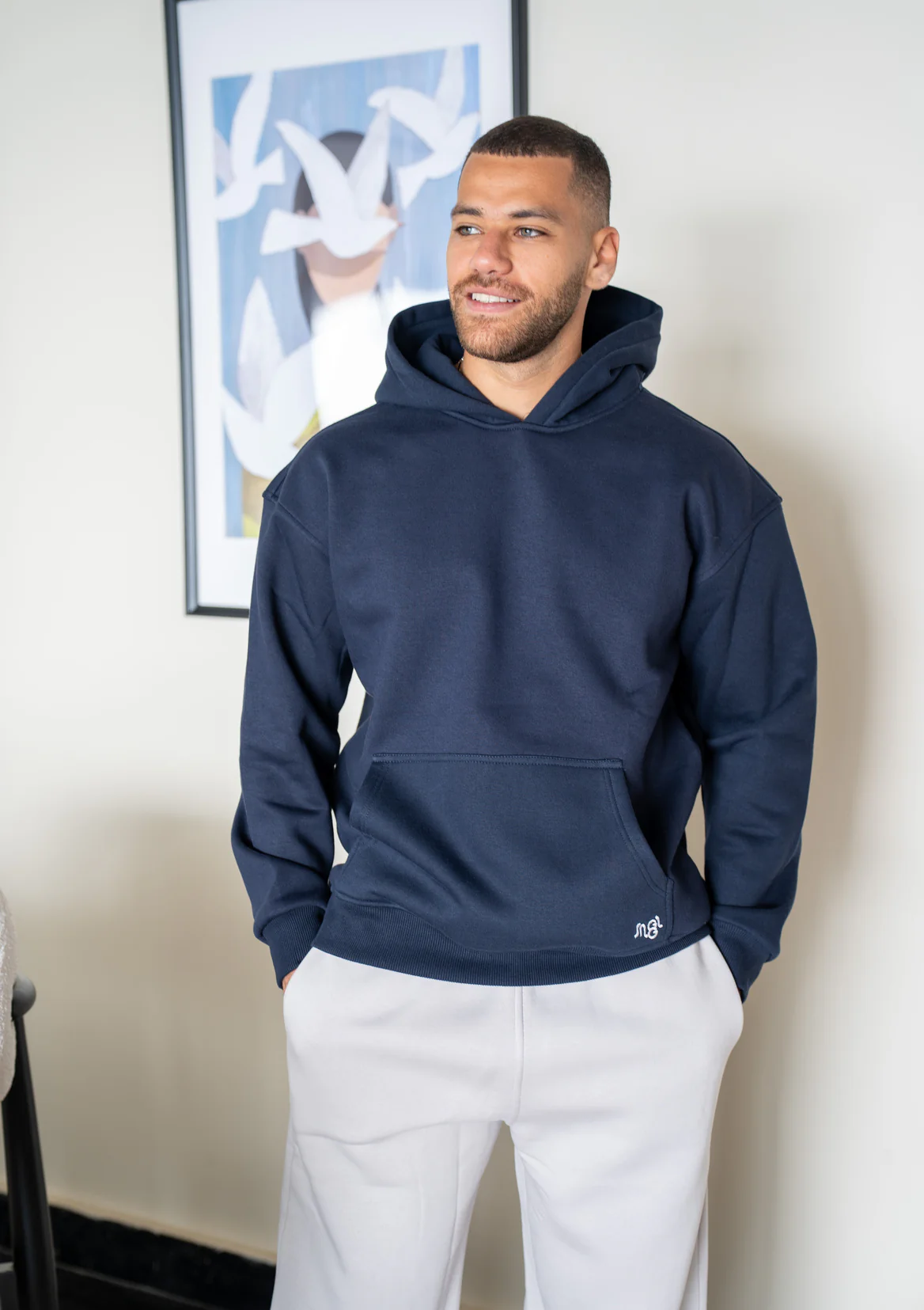 Men Winter Pajama Set Dark Blue T-shirt +Light Grey - Image 2