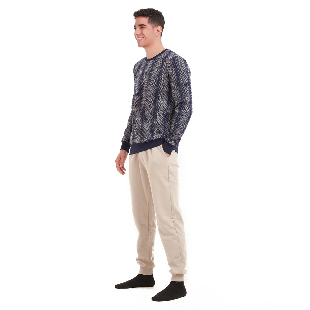 Men Winter Pajama Set Dark blue waves sweatshirt + Beige Pants - Image 2