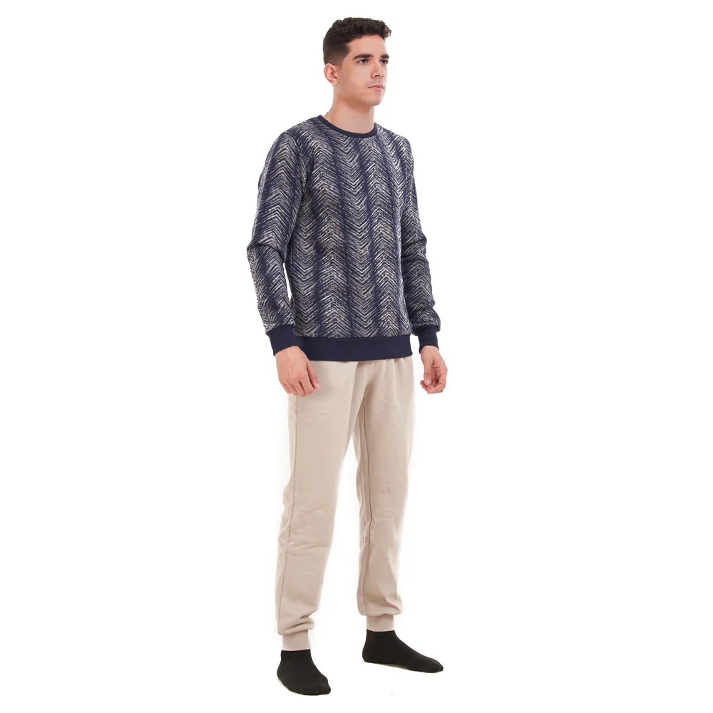 Men Winter Pajama Set Dark blue waves sweatshirt + Beige Pants - Image 3