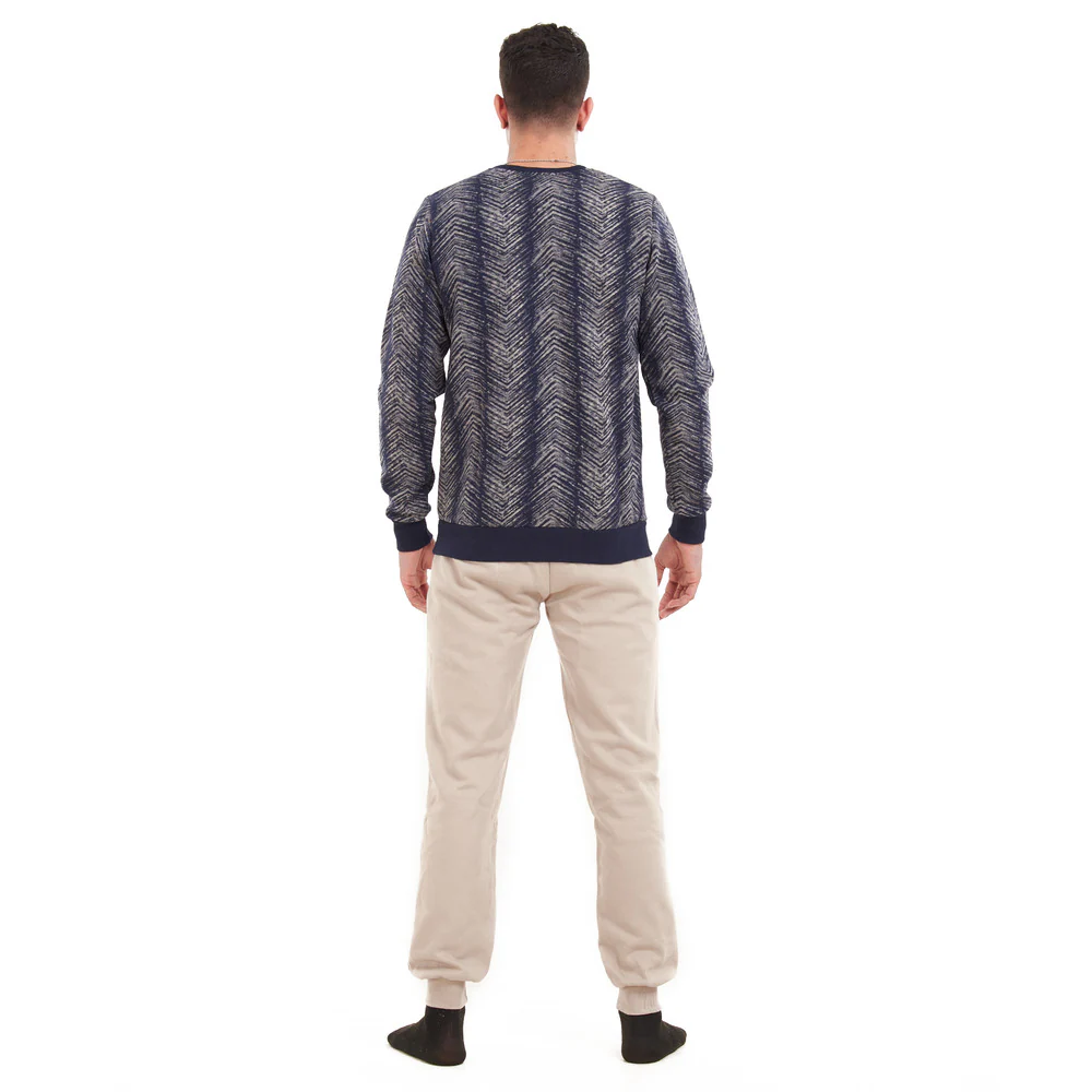 Men Winter Pajama Set Dark blue waves sweatshirt + Beige Pants - Image 4