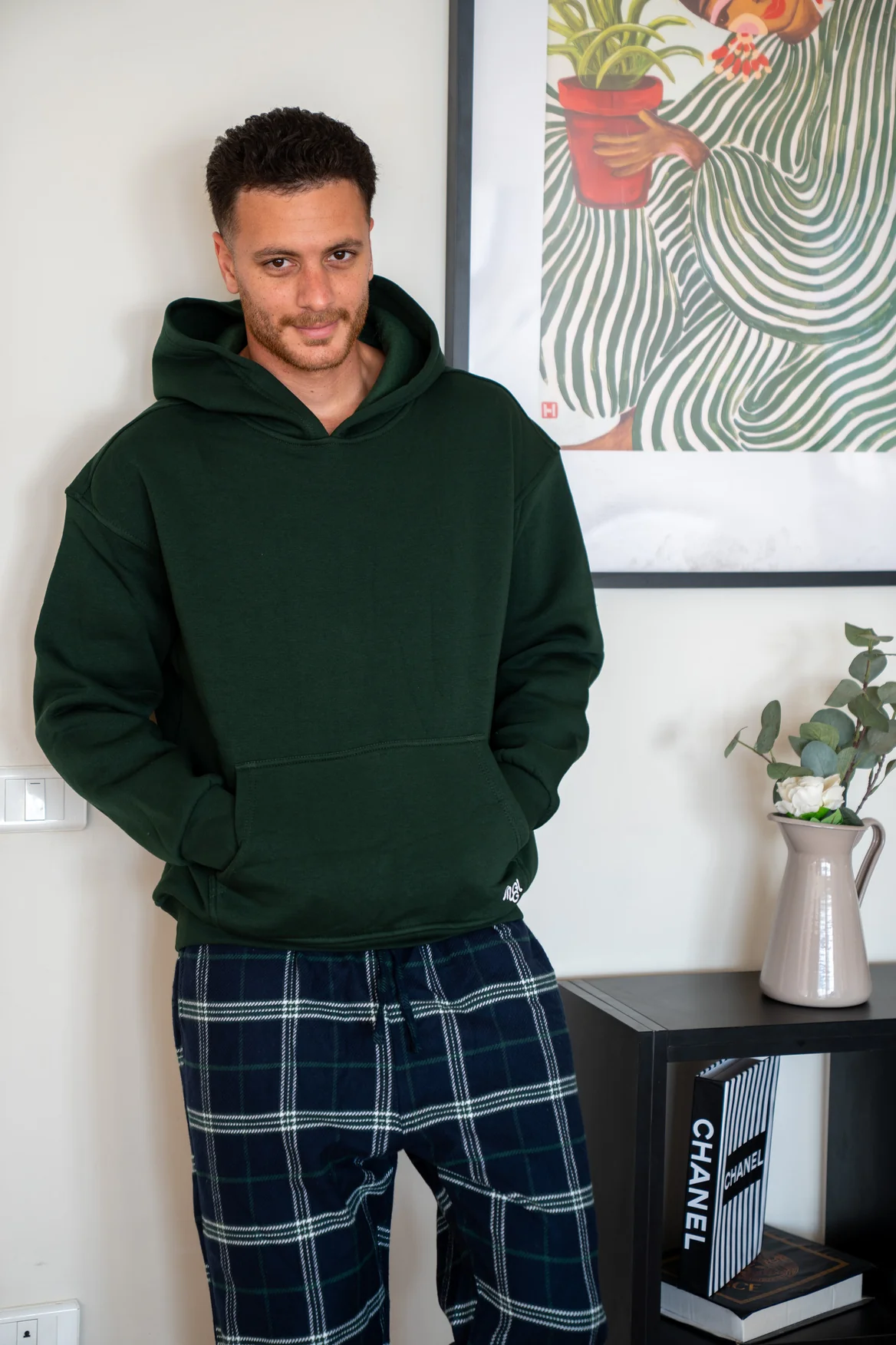 Men Winter Pajama Set Dark Green Hoodie + Dark Green X Dark Blue Checkered Pants - Image 3