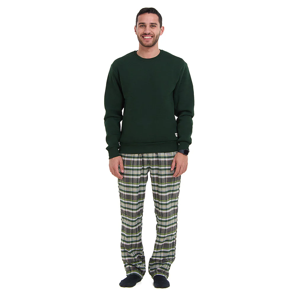 Men Winter Pajama Set Dark green sweatshirt + Dark Green x Dark grey Checkered Pants - Image 2