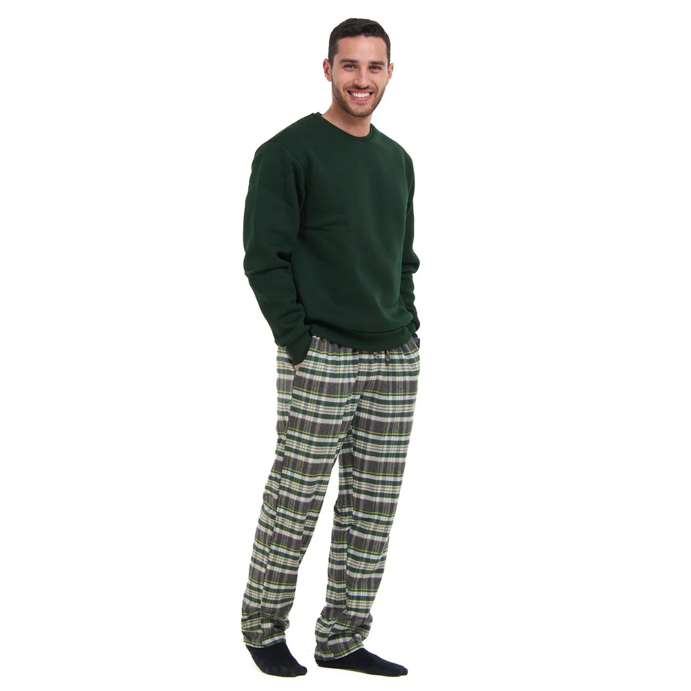 Men Winter Pajama Set Dark green sweatshirt + Dark Green x Dark grey Checkered Pants - Image 3
