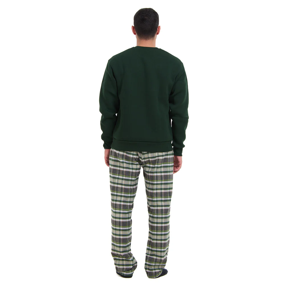 Men Winter Pajama Set Dark green sweatshirt + Dark Green x Dark grey Checkered Pants - Image 4