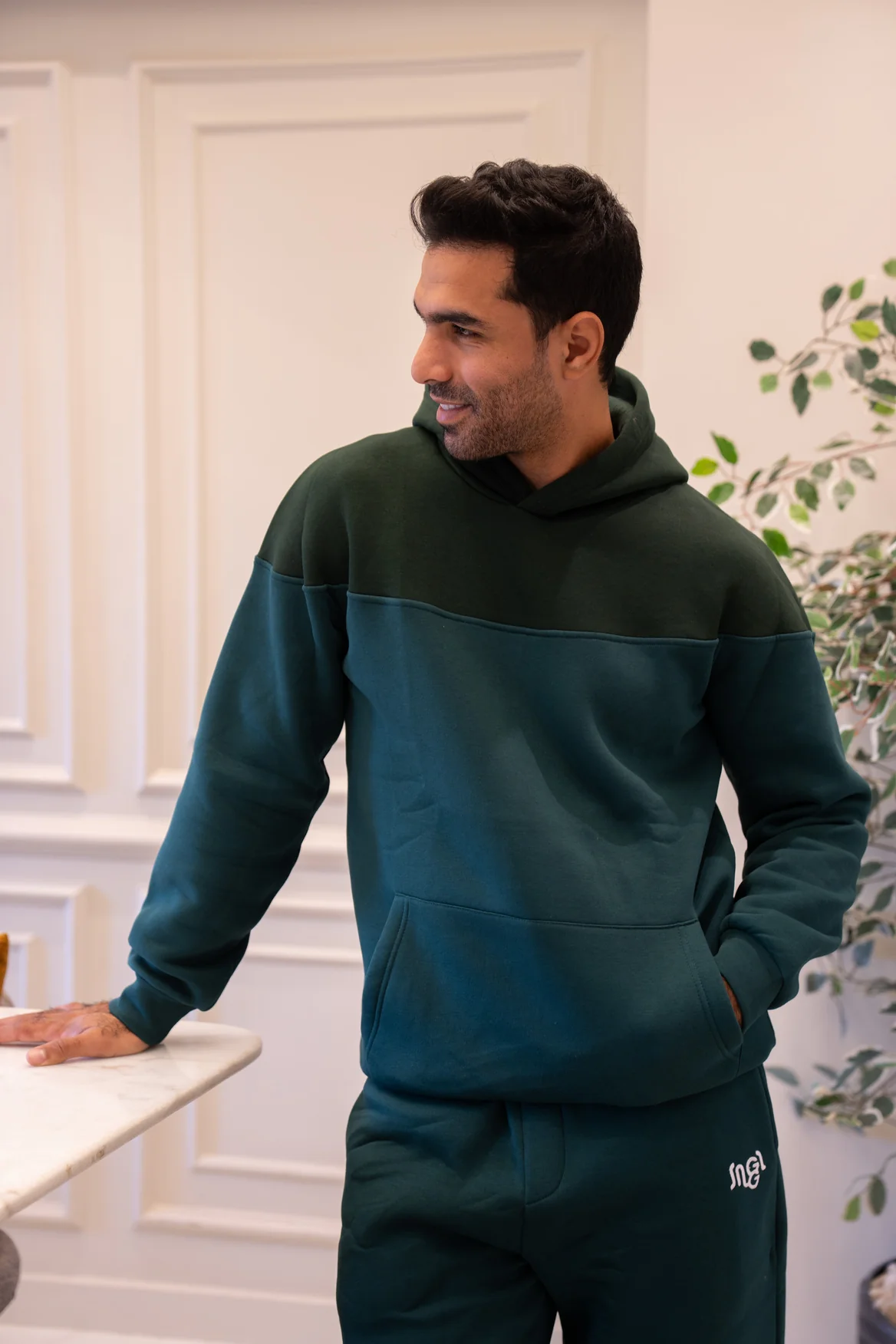 Men Winter Pajama Set Dark Green X Green  Hoodie +  Green Pants - Image 3