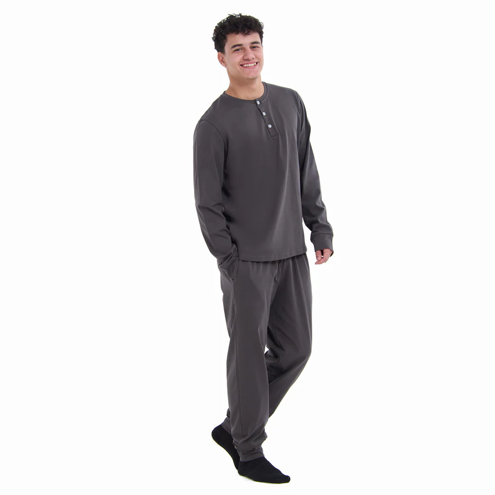 Men Fall Pajama Set Dark Grey Buttoned Sweatshirt + Pants - Image 3