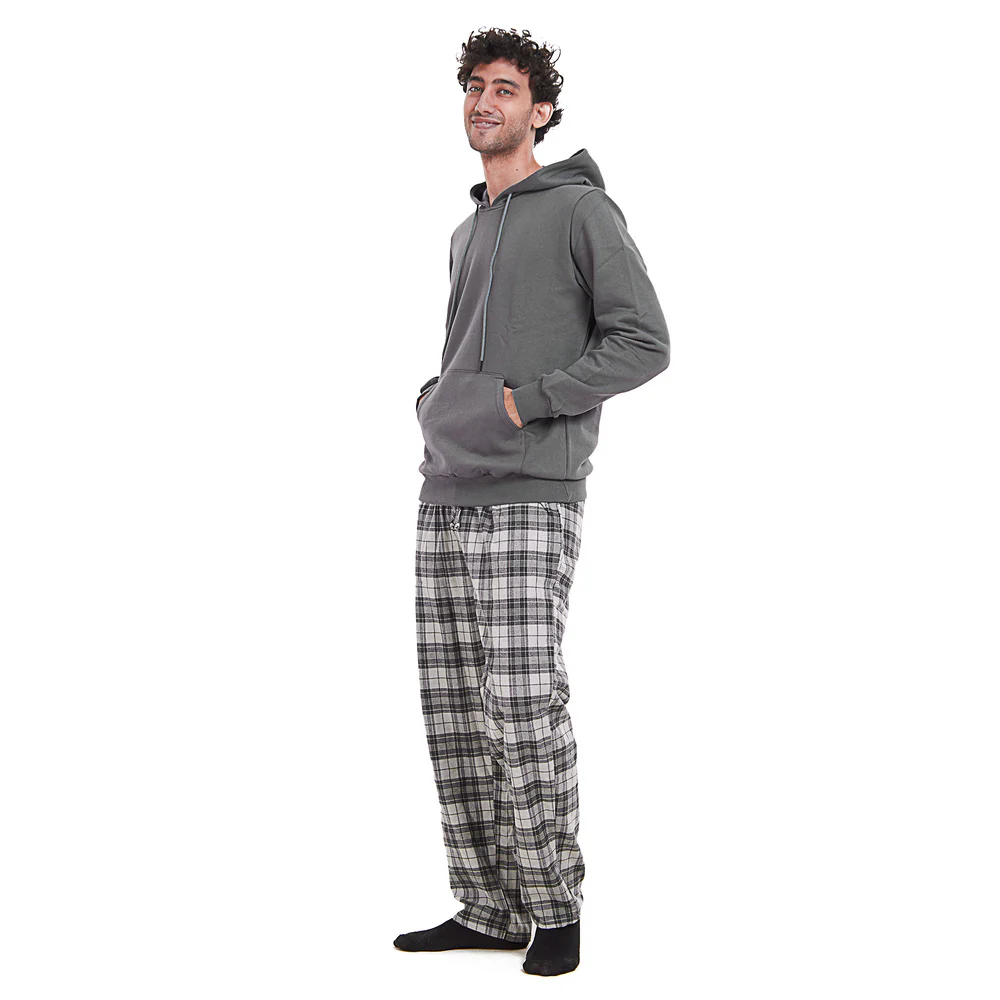 Men Winter Pajama Set Dark grey Hoodie + Dark Grey Checkered Pants - Image 2