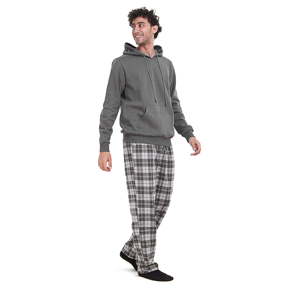 Men Winter Pajama Set Dark grey Hoodie + Dark Grey Checkered Pants - Image 3
