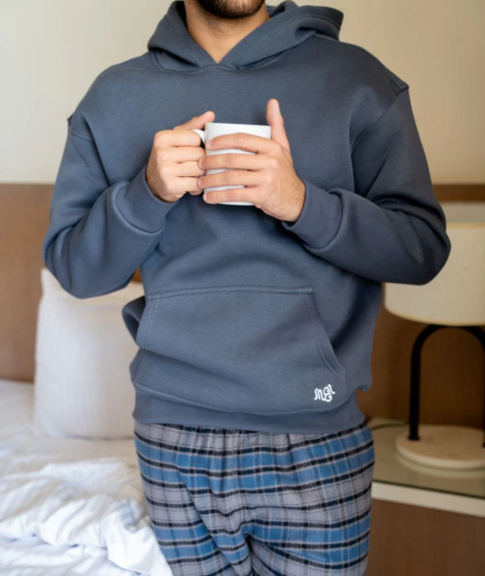 Men Winter Pajama Set Dark Grey Hoodie + Dark Grey X Light Grey Checkered Pants - Image 2
