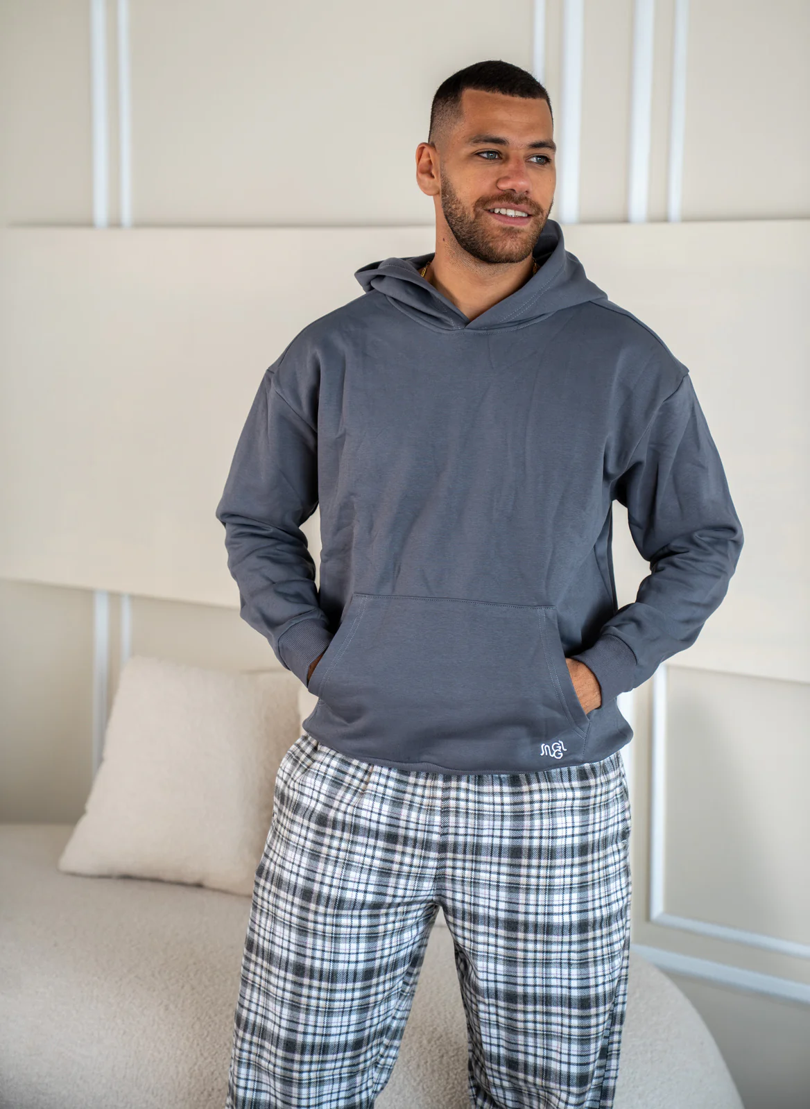 Men Winter Pajama Set Dark Grey Hoodie + Dark Grey X White Checkered  Pants - Image 2