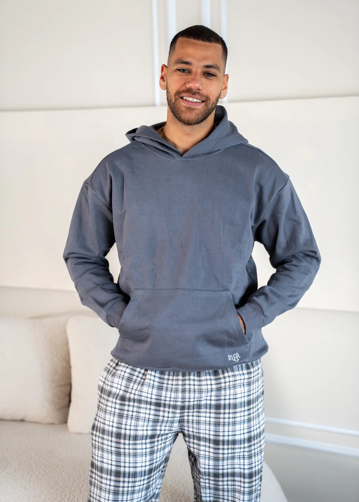 Men Winter Pajama Set Dark Grey Hoodie + Dark Grey X White Checkered  Pants - Image 4