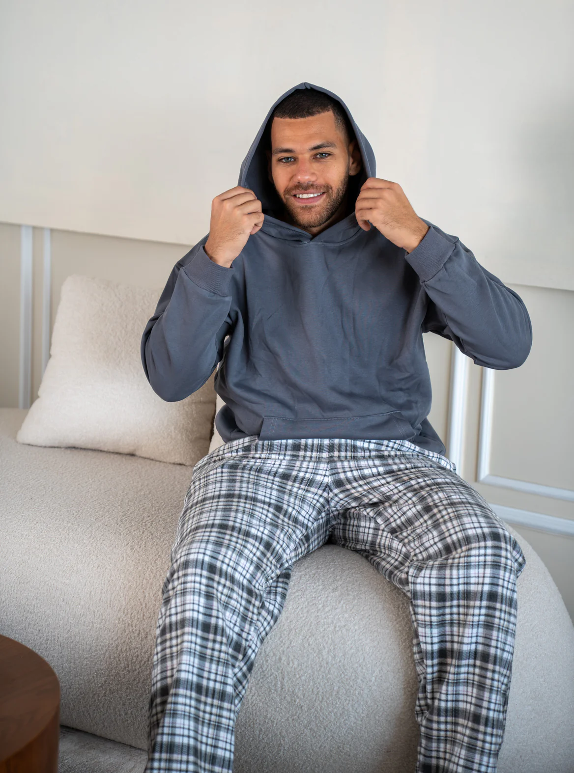 Men Winter Pajama Set Dark Grey Hoodie + Dark Grey X White Checkered  Pants - Image 5