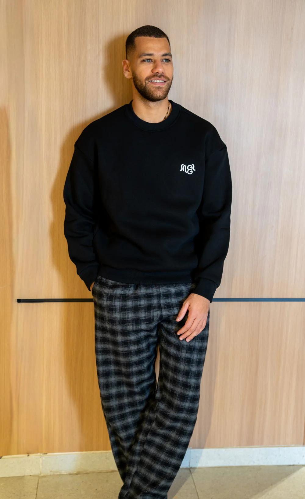 Men Winter Pajama Set Black sweatshirt + Black x Dark Grey Checkered Pants - Image 2