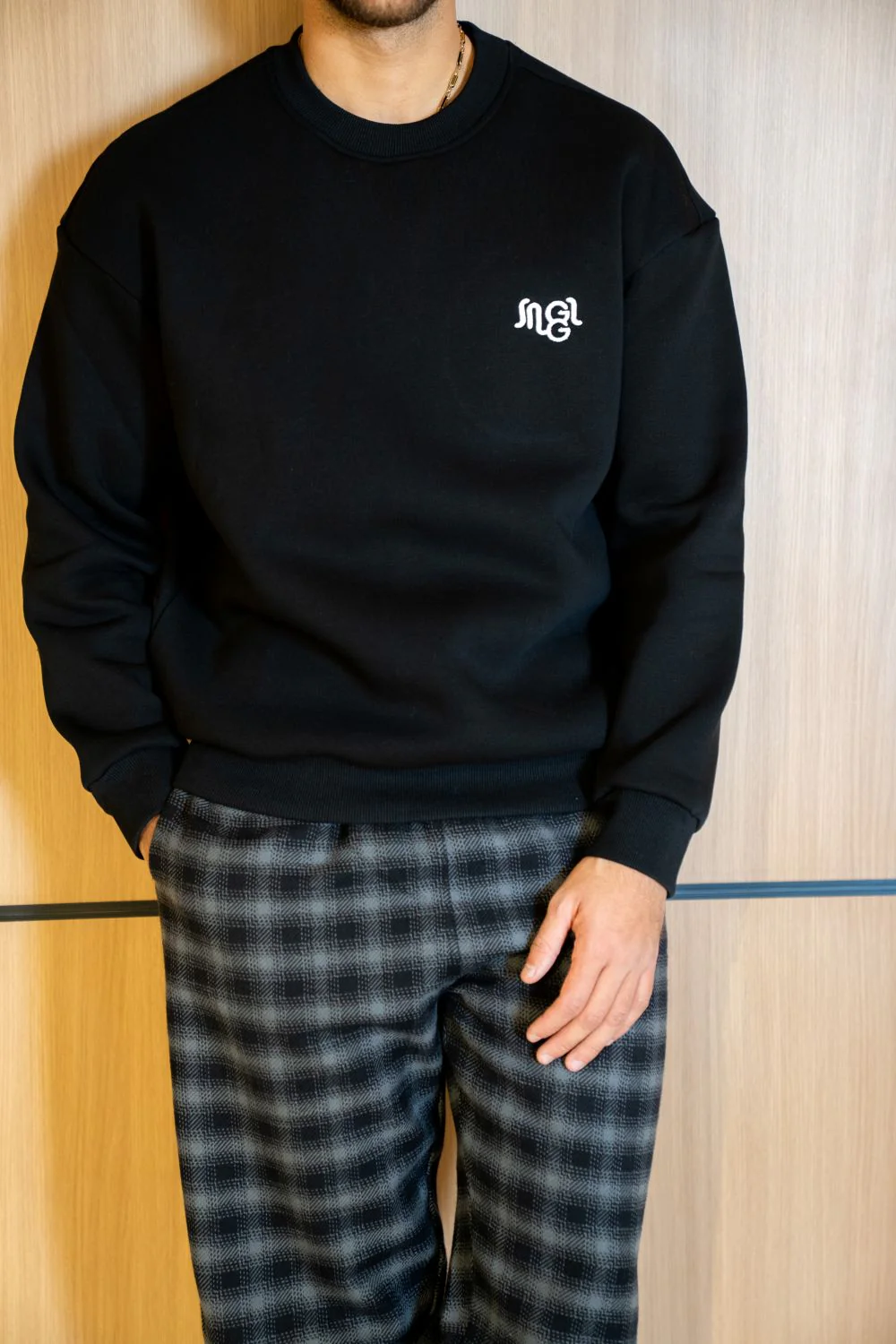 Men Winter Pajama Set Black sweatshirt + Black x Dark Grey Checkered Pants - Image 3