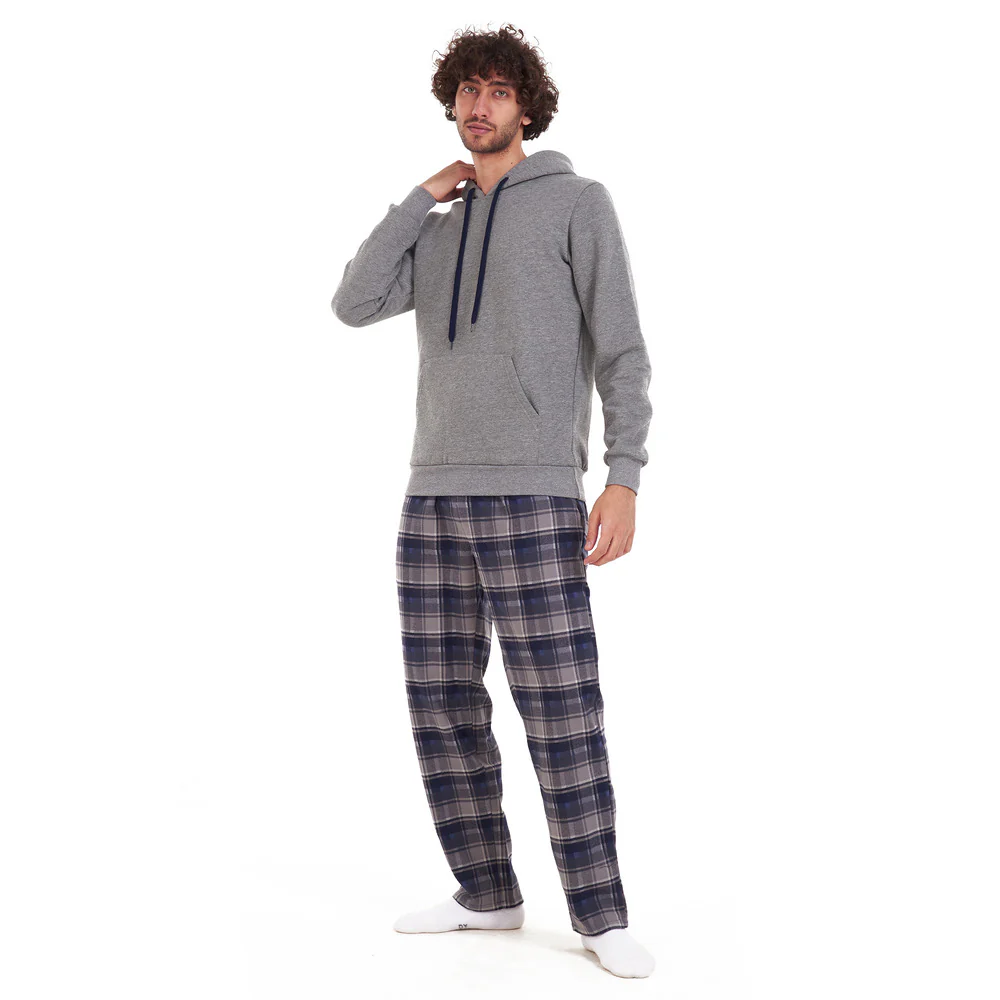 Men Winter Pajama Set Dark grey sweatshirt + Dark blue x grey checkered Pants - Image 2