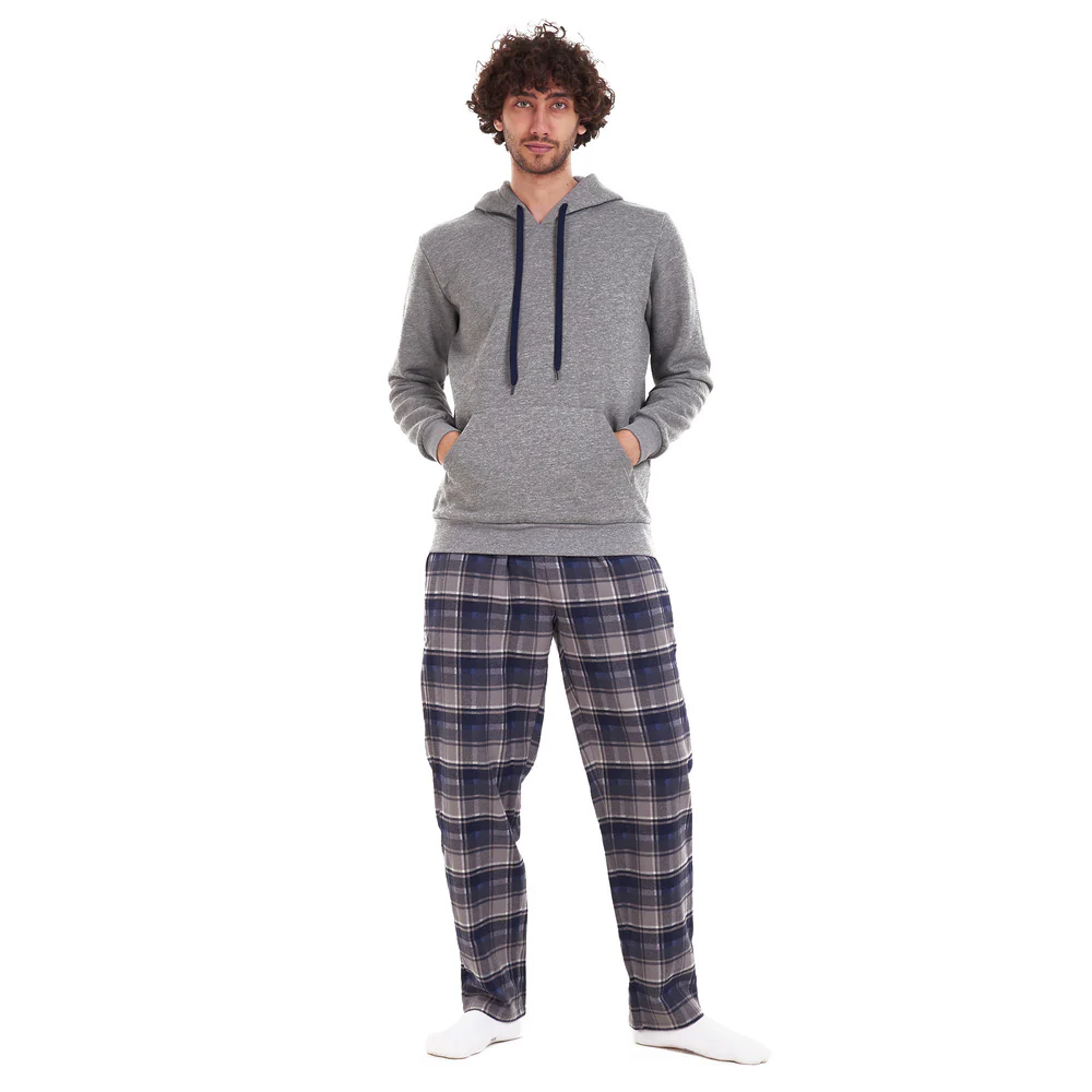 Men Winter Pajama Set Dark grey sweatshirt + Dark blue x grey checkered Pants - Image 3