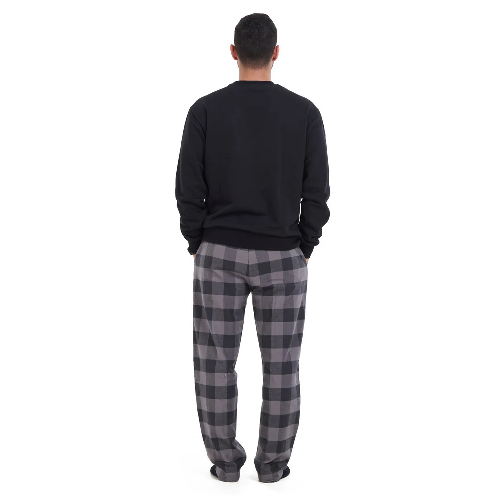 Men Winter Pajama Set Black sweatshirt + Dark Grey x Light Grey Checkered Pants - Image 2