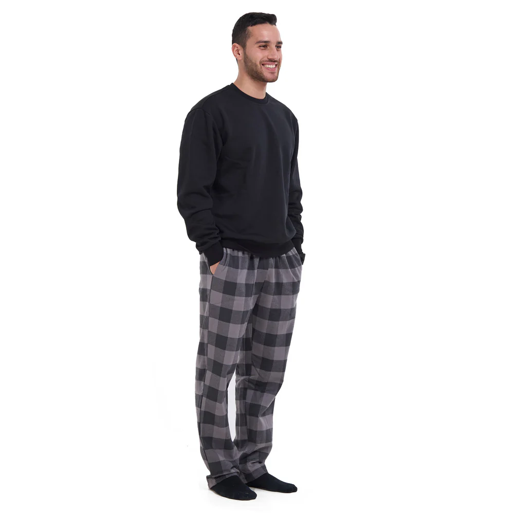 Men Winter Pajama Set Black sweatshirt + Dark Grey x Light Grey Checkered Pants - Image 3