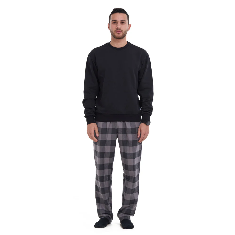 Men Winter Pajama Set Black sweatshirt + Dark Grey x Light Grey Checkered Pants - Image 4