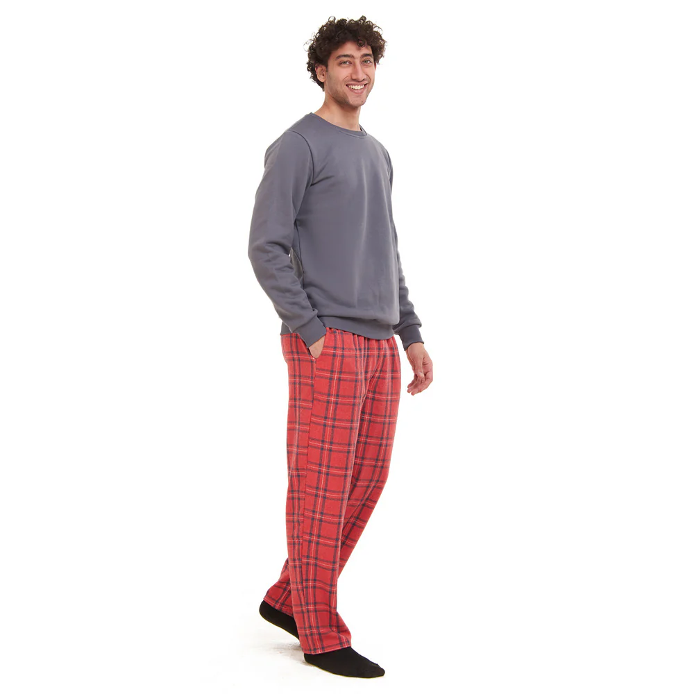 Men Winter Pajama Set Dark Grey Sweatshirt + Dark Grey x Red Checkered Pants - Image 2