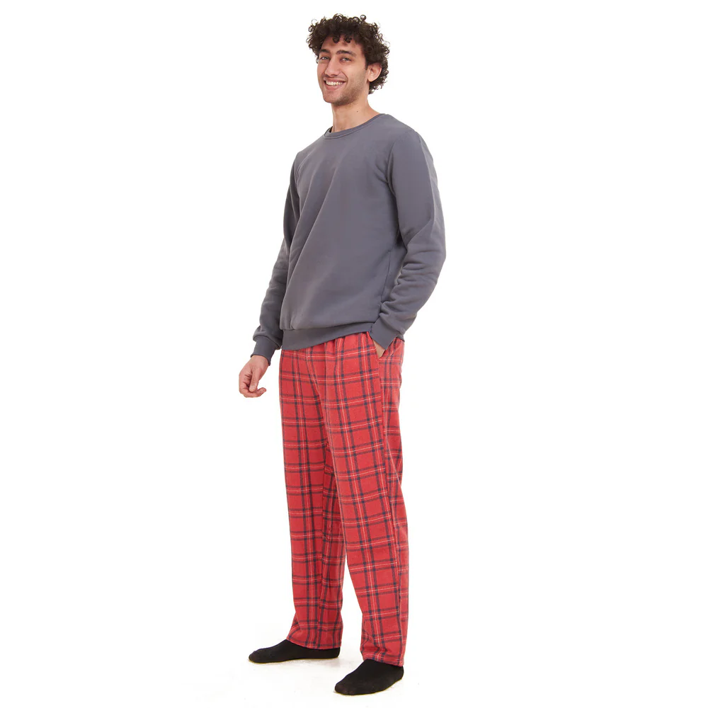 Men Winter Pajama Set Dark Grey Sweatshirt + Dark Grey x Red Checkered Pants - Image 3