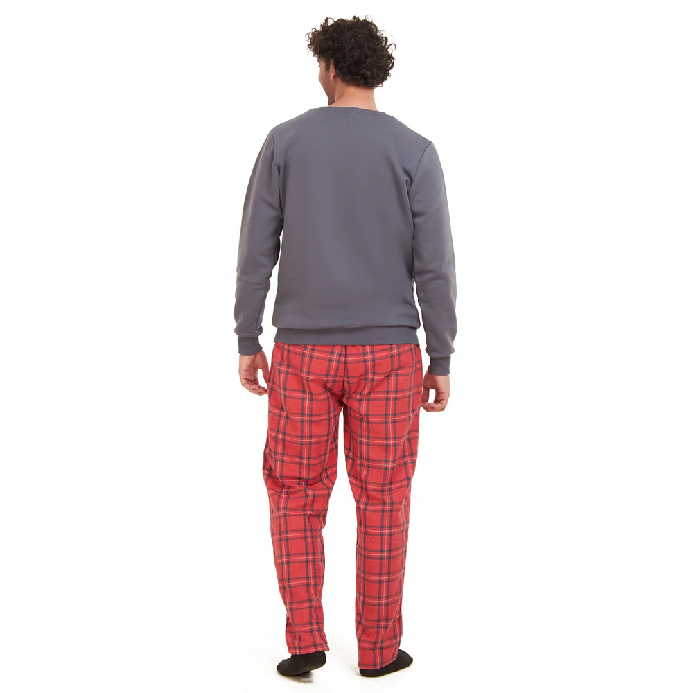 Men Winter Pajama Set Dark Grey Sweatshirt + Dark Grey x Red Checkered Pants - Image 4