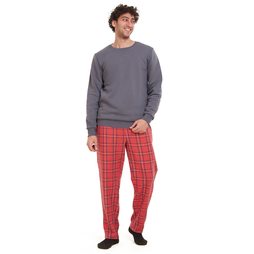 Men Winter Pajama Set Dark Grey Sweatshirt + Dark Grey x Red Checkered Pants - Image 5